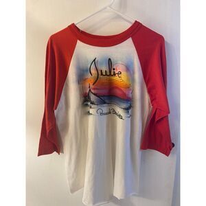 Vintage 80’s Airbrush beach baseball t shirt “Julie” large red white 1982
